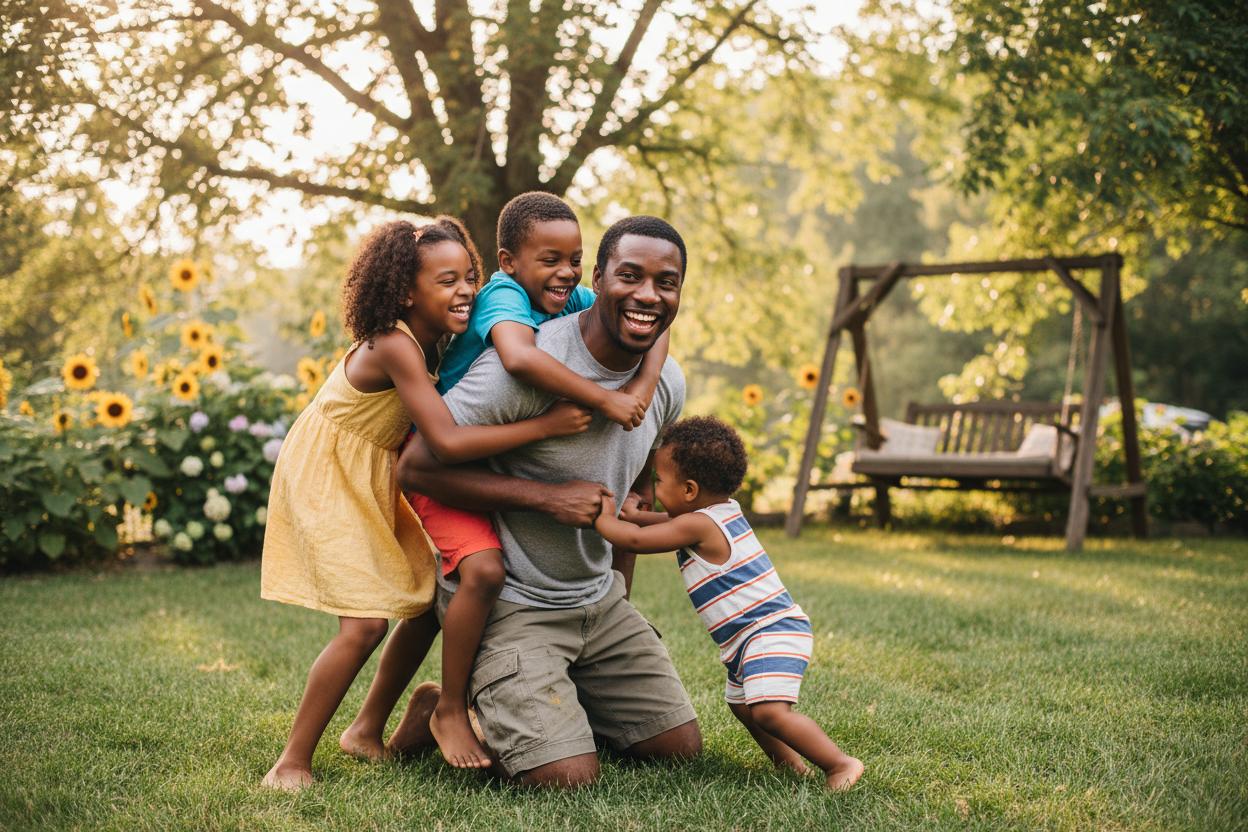 BLACK FATHER PLAYING WITH HIS KIDS
